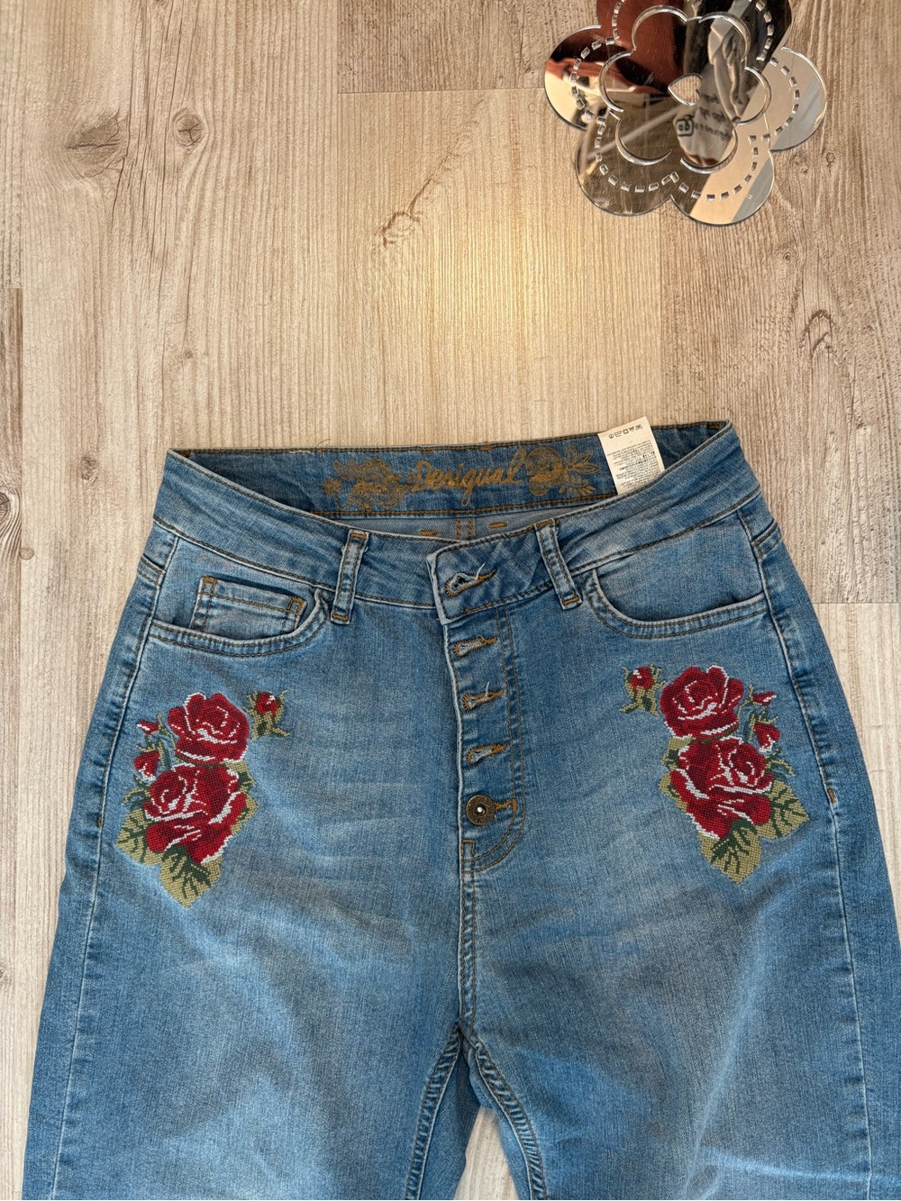 Desigual Blue Denim Jeans with Red Rose Embroidery